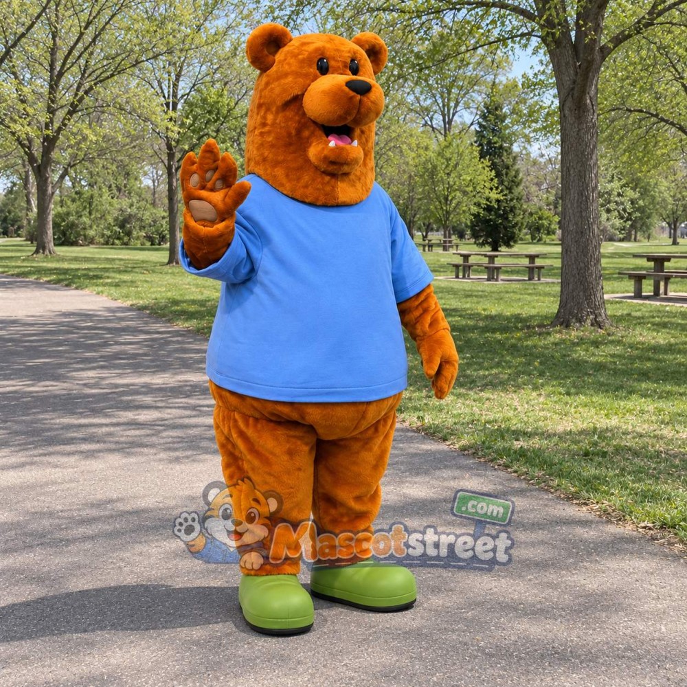 Orange Bear Mascot Costume with Blue Shirt Orange Bear Mascot Costume with Blue Shirt