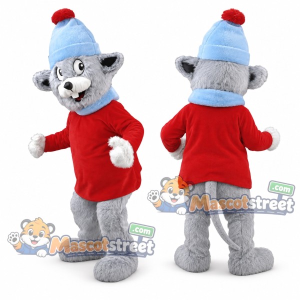 Gray Mouse Mascot Costume with Red Sweater and Blue Knit Hat