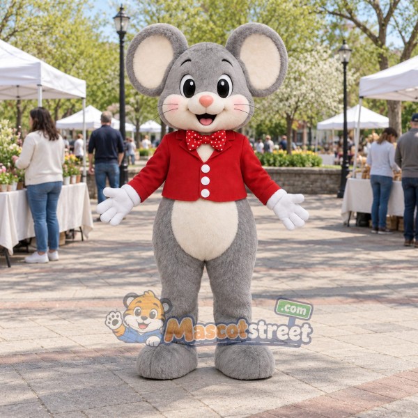 Gray Mouse Mascot Costume with Red Jacket