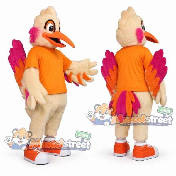 Cream Roadrunner Mascot Costume with Orange Shirt