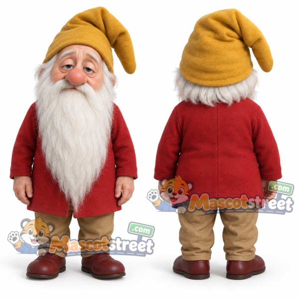 White-Bearded Dwarf Mascot Costume with Red Tunic and Yellow Hat