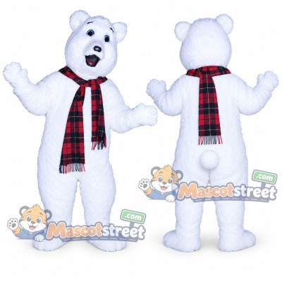 Polar Bear Mascot Costume with Red Plaid Scarf Polar Bear Mascot Costume with Red Plaid Scarf