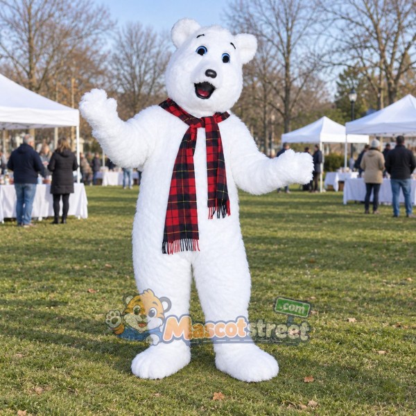 Polar Bear Mascot Costume with Red Plaid Scarf