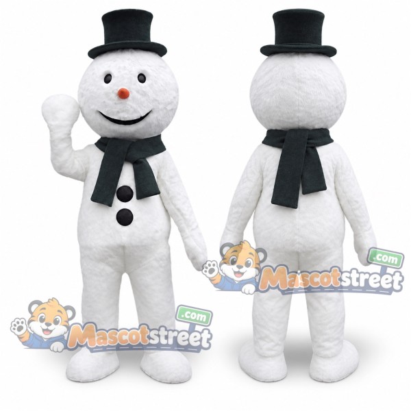 Snowman Mascot Costume with Black Scarf and Top Hat