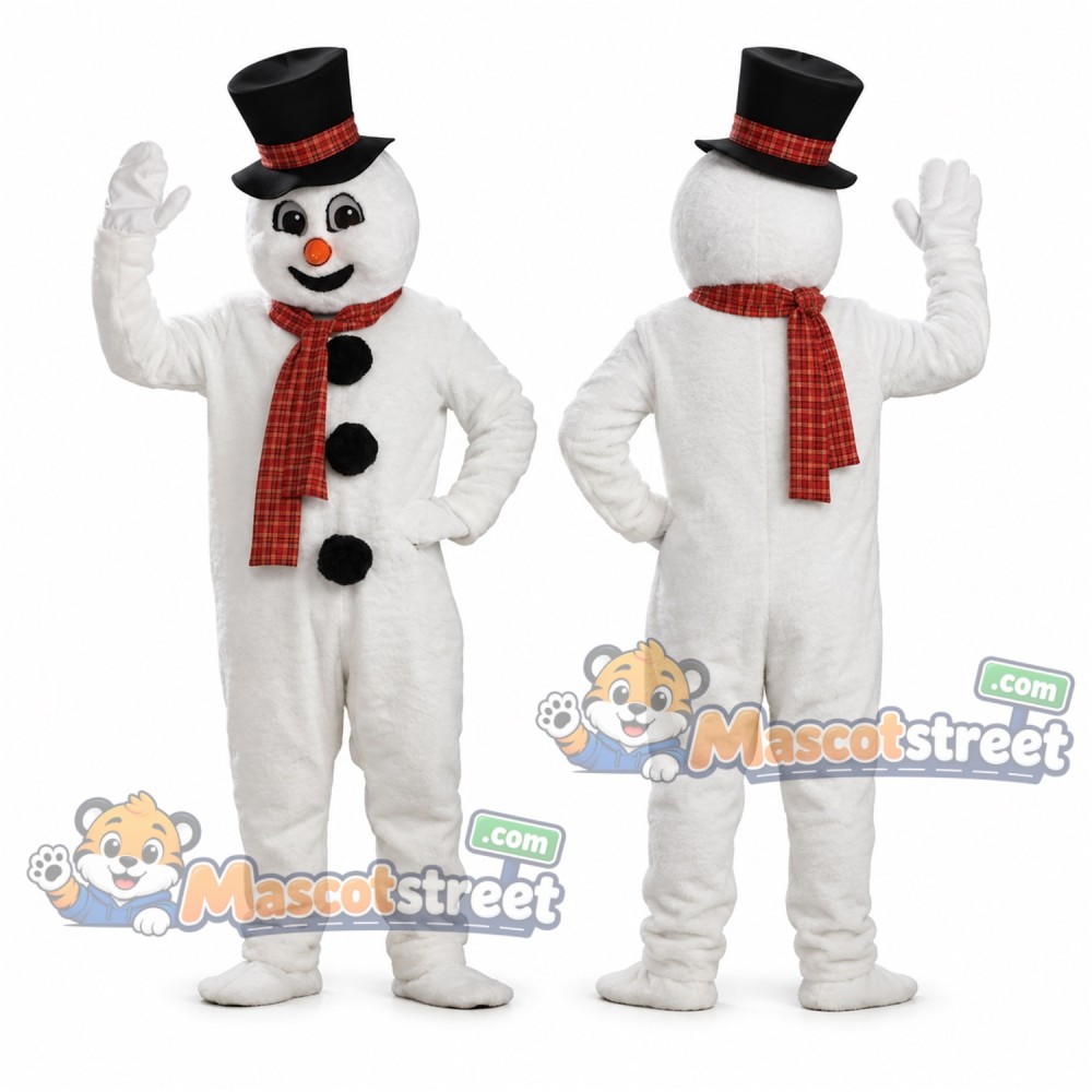 Snowman Mascot Costume with Red Scarf and Tall Black Hat Snowman Mascot Costume with Red Scarf and Tall Black Hat