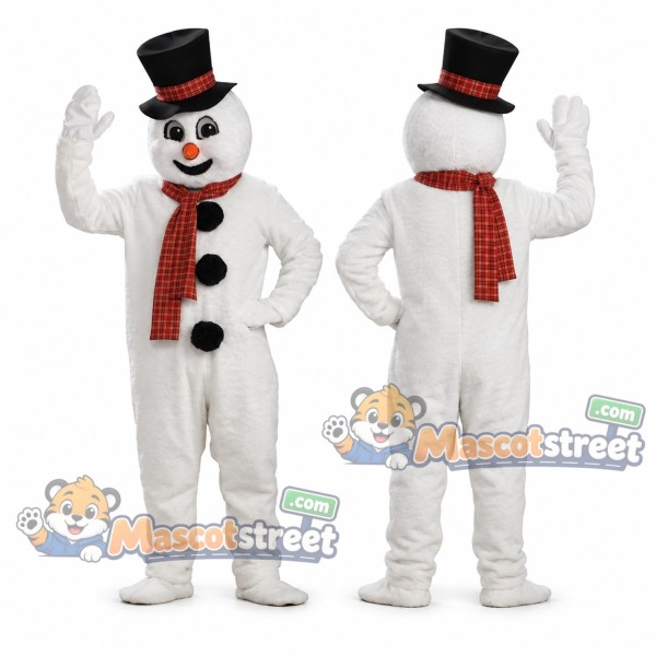 Snowman Mascot Costume with Red Scarf and Tall Black Hat