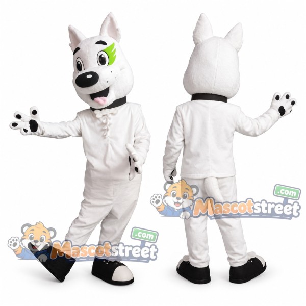White Dog Mascot Costume with White Outfit and Red Mohawk