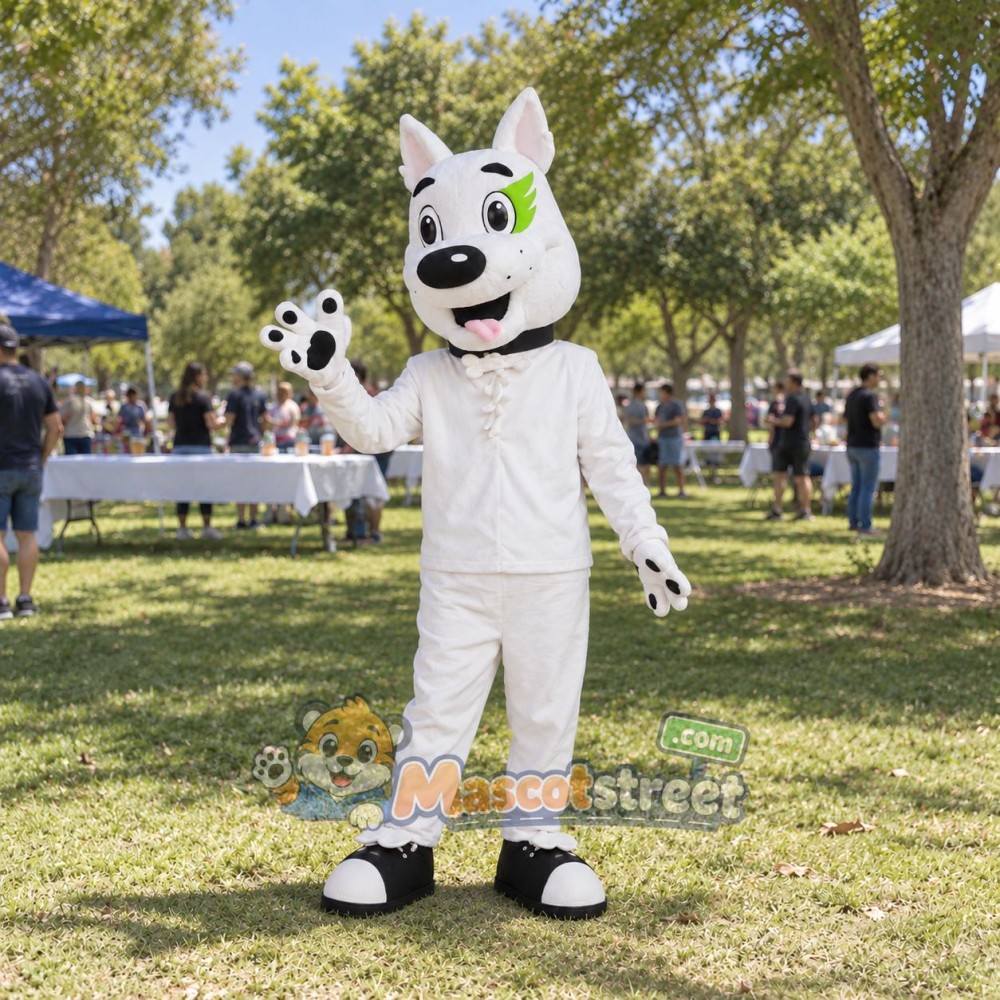 White Dog Mascot Costume with White Outfit and Red Mohawk