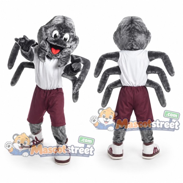 Gray Spider Mascot Costume with White Shirt and Burgundy Shorts