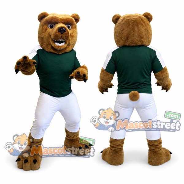 Brown Bear Mascot Costume with Green Sports Shirt and White Pants