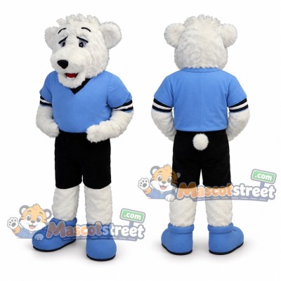 Polar Bear Mascot Costume with Blue Sports Shirt and Black Shorts Polar Bear Mascot Costume with Blue Sports Shirt and Black Shorts