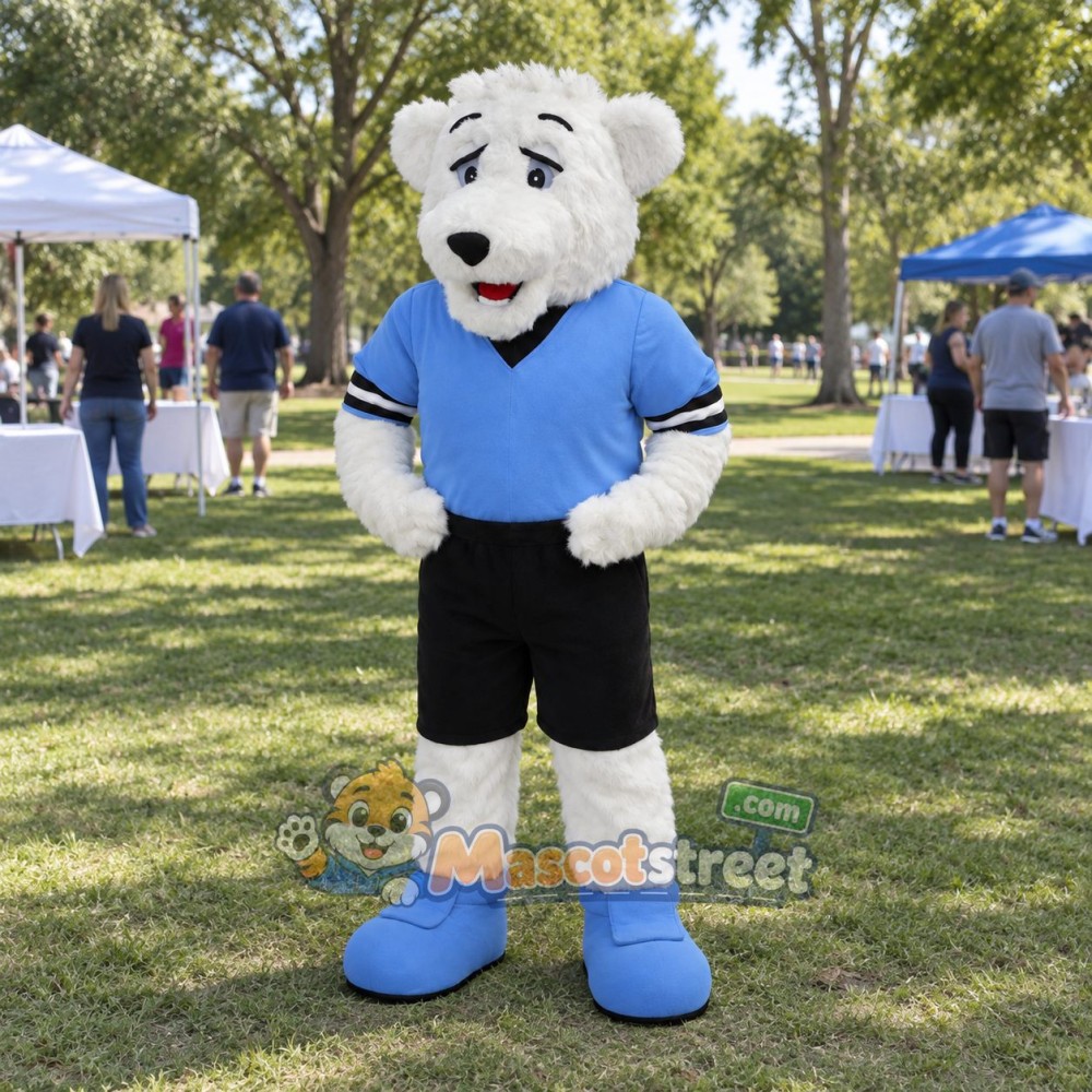 Polar Bear Mascot Costume with Blue Sports Shirt and Black Shorts Polar Bear Mascot Costume with Blue Sports Shirt and Black Shorts