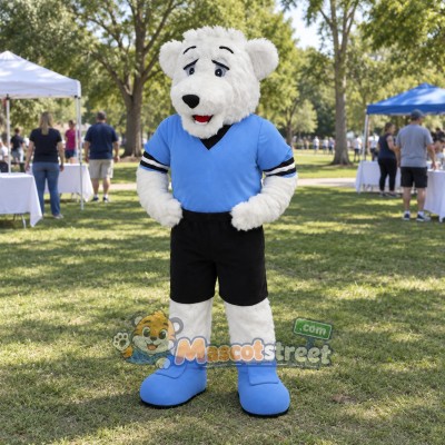 Polar Bear Mascot Costume with Blue Sports Shirt and Black Shorts Polar Bear Mascot Costume with Blue Sports Shirt and Black Shorts