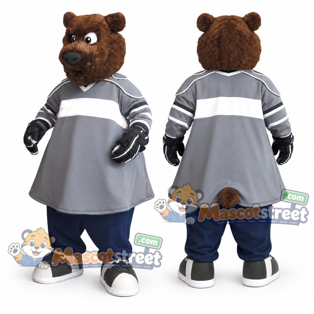 Brown Bear Mascot Costume with Gray Sports Jersey Brown Bear Mascot Costume with Gray Sports Jersey