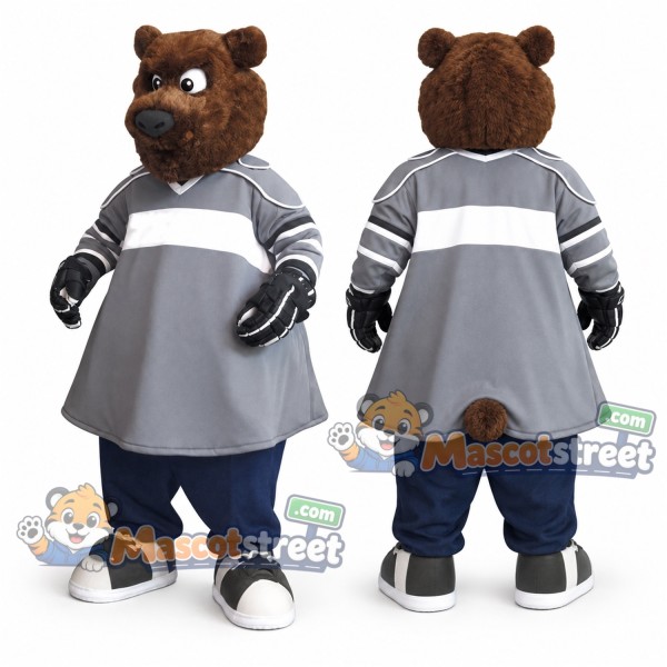 Brown Bear Mascot Costume with Gray Sports Jersey