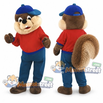 Brown Squirrel Mascot Costume with Red Shirt and Blue Cap Brown Squirrel Mascot Costume with Red Shirt and Blue Cap