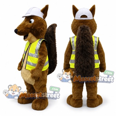Brown Squirrel Mascot Costume with Yellow Safety Vest and White Cap
