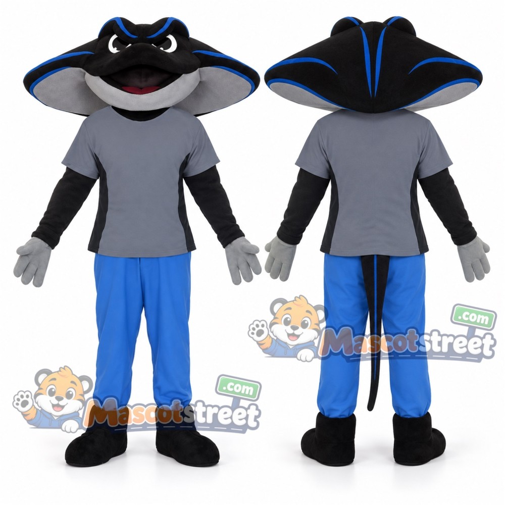 Black Stingray Mascot Costume with Gray Shirt and Blue Pants Black Stingray Mascot Costume with Gray Shirt and Blue Pants