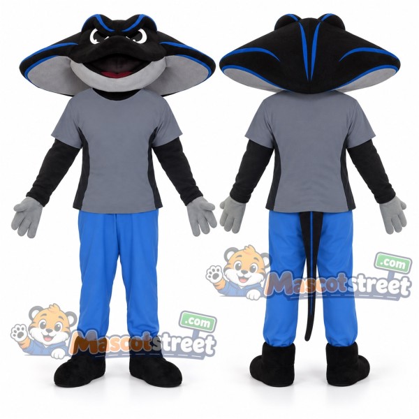 Black Stingray Mascot Costume with Gray Shirt and Blue Pants