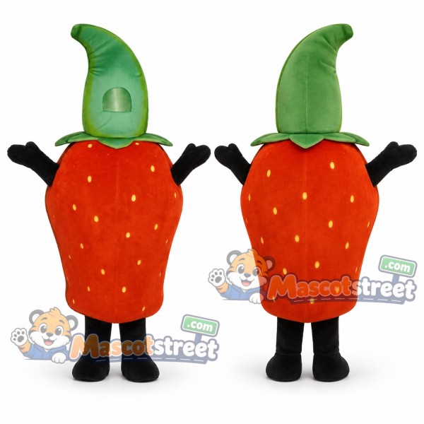 Red Strawberry Mascot Costume with Tall Green Leaf
