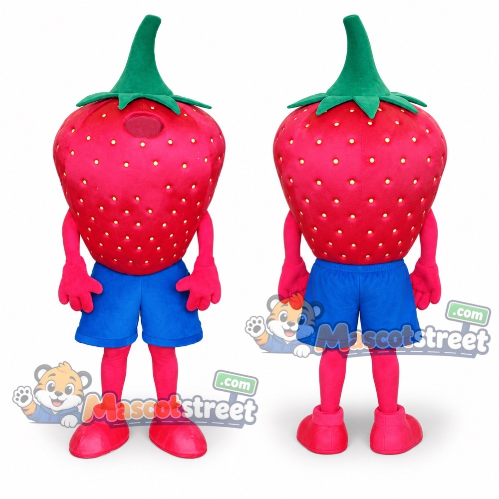 Pink Strawberry Mascot Costume with Blue Shorts