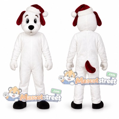 White Dog Mascot Costume with Burgundy Knit Hat White Dog Mascot Costume with Burgundy Knit Hat