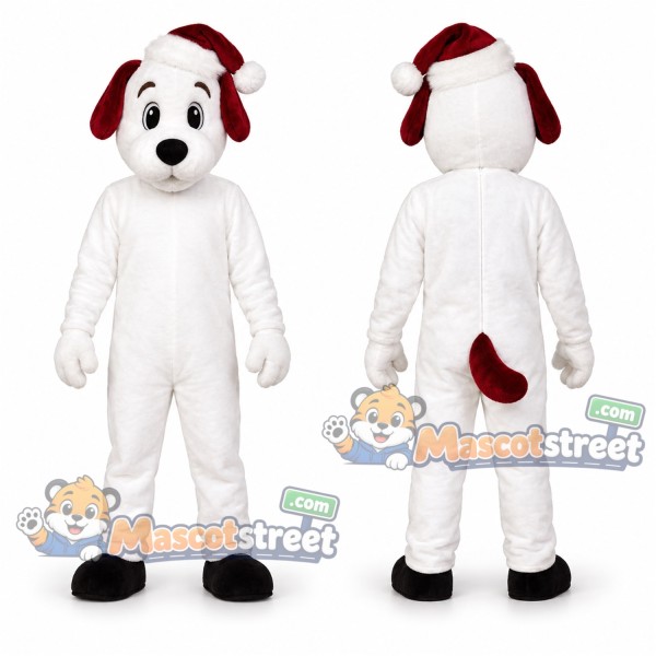 White Dog Mascot Costume with Burgundy Knit Hat