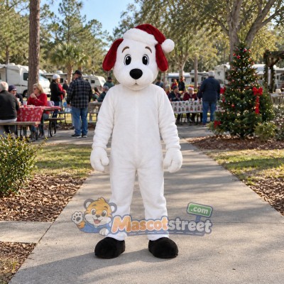 White Dog Mascot Costume with Burgundy Knit Hat