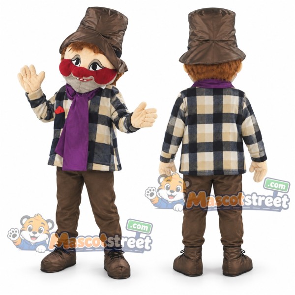 Mustached Man Mascot Costume with Plaid Coat and Brown Top Hat
