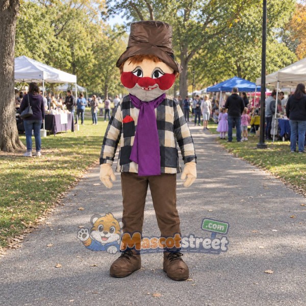 Mustached Man Mascot Costume with Plaid Coat and Brown Top Hat Mustached Man Mascot Costume with Plaid Coat and Brown Top Hat