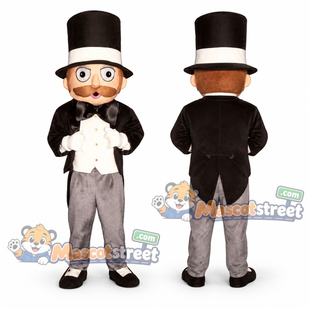 Gentleman Mascot Costume with Black Tailcoat and Top Hat Gentleman Mascot Costume with Black Tailcoat and Top Hat