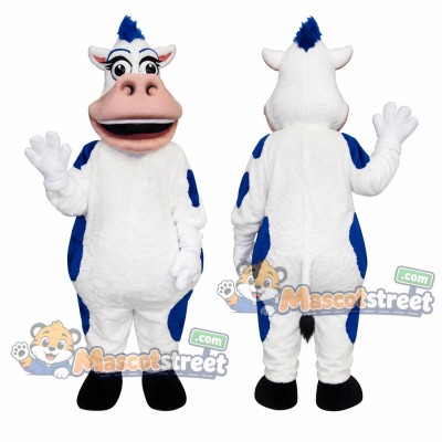White Cow Mascot Costume with Blue Patches