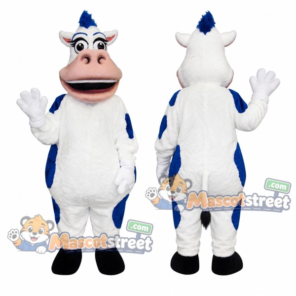 White Cow Mascot Costume with Blue Patches