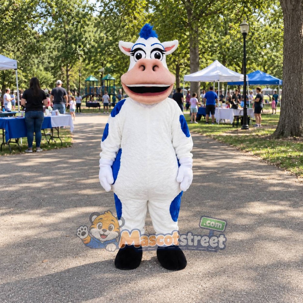 White Cow Mascot Costume with Blue Patches