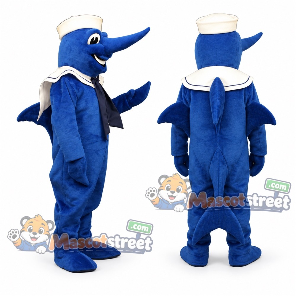 Blue Swordfish Mascot Costume with White Sailor Hat Blue Swordfish Mascot Costume with White Sailor Hat