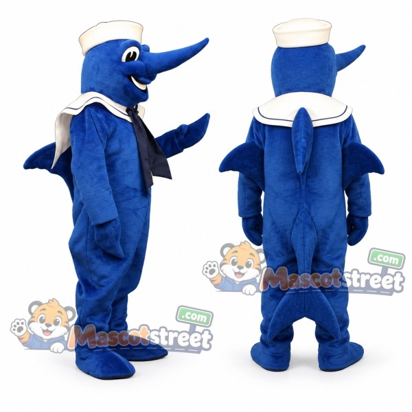 Blue Swordfish Mascot Costume with White Sailor Hat