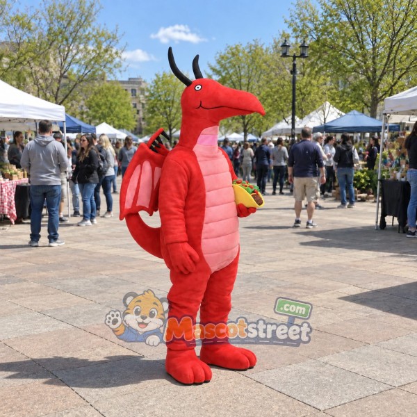 Red Dragon Mascot Costume with Black Horns