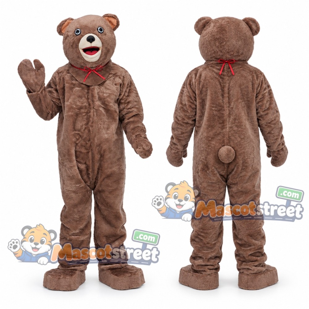 Gray-Brown Teddy Bear Mascot Costume with Red Bow Tie