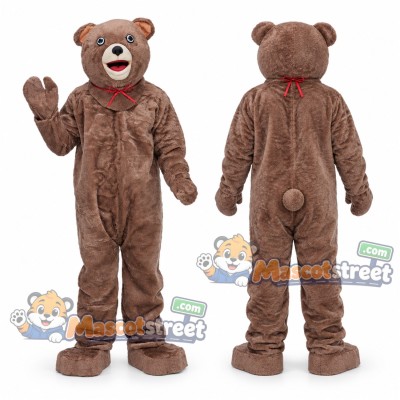 Gray-Brown Teddy Bear Mascot Costume with Red Bow Tie