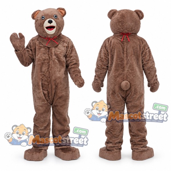 Gray-Brown Teddy Bear Mascot Costume with Red Bow Tie