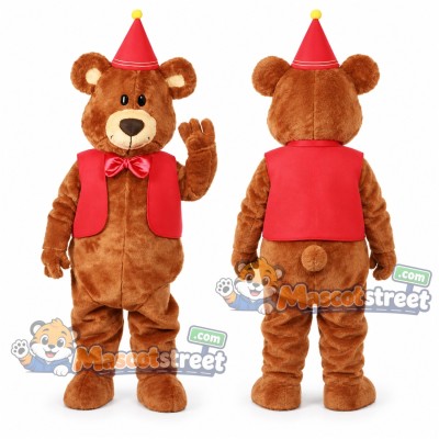 Brown Teddy Bear Mascot Costume with Red Vest and Party Hat Brown Teddy Bear Mascot Costume with Red Vest and Party Hat