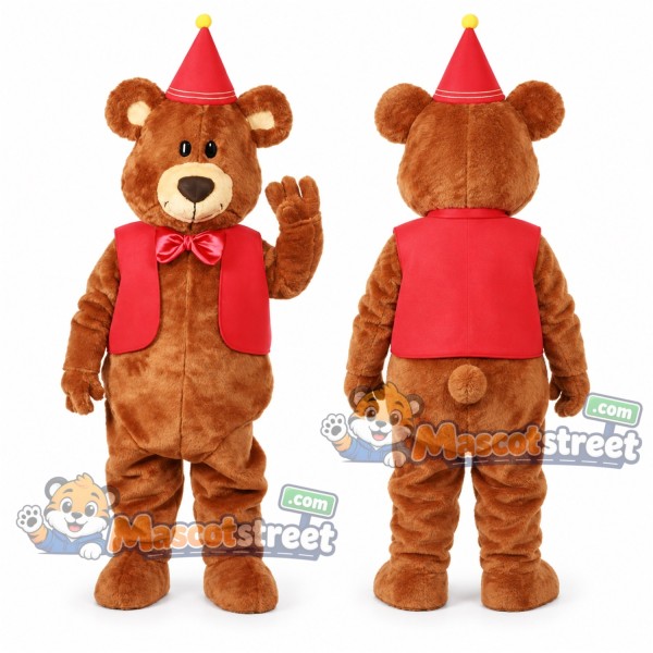 Brown Teddy Bear Mascot Costume with Red Vest and Party Hat