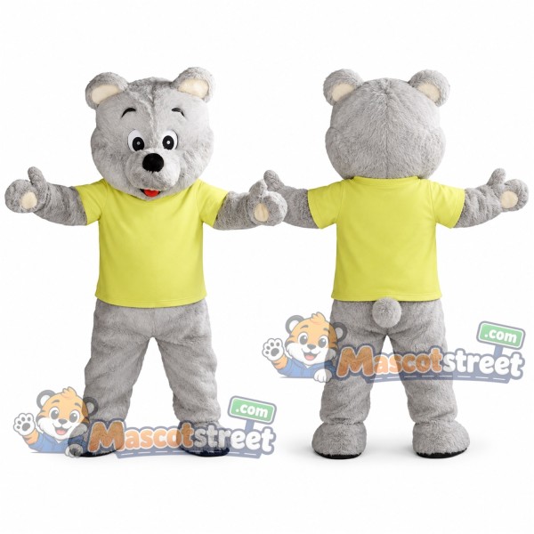 Gray Teddy Bear Mascot Costume with Lime Shirt
