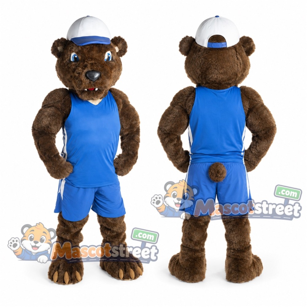Brown Bear Mascot Costume with Blue Sports Uniform and Cap Brown Bear Mascot Costume with Blue Sports Uniform and Cap