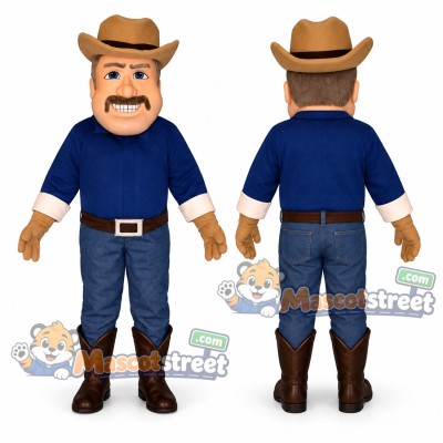 Cowboy Mascot Costume with Navy Shirt and Brown Hat Cowboy Mascot Costume with Navy Shirt and Brown Hat