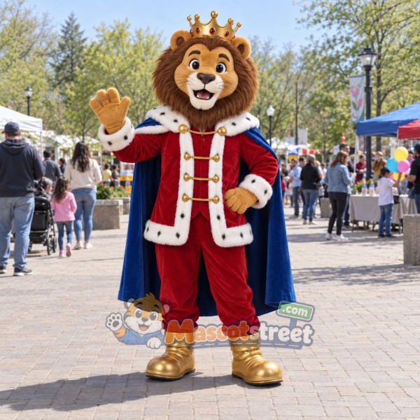 Lion King Mascot Costume with Crown and Blue Cape