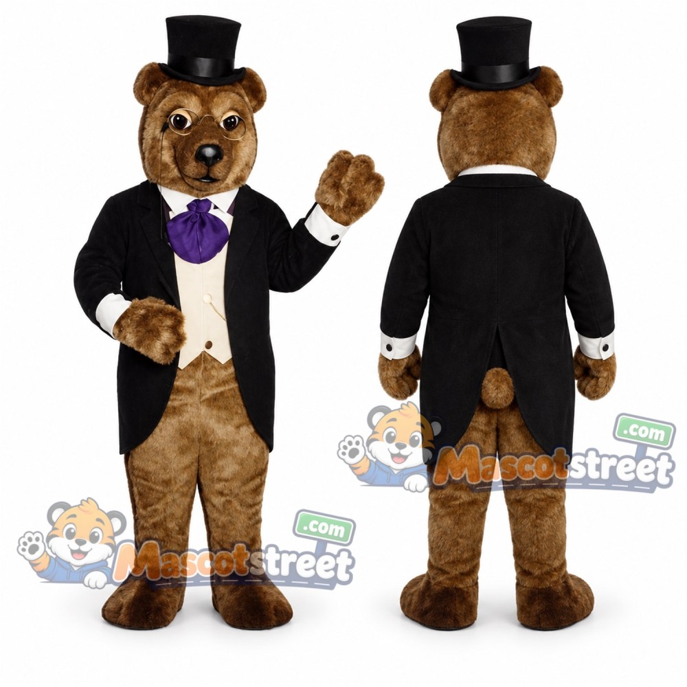 Brown Bear Mascot Costume with Black Tuxedo and Top Hat Brown Bear Mascot Costume with Black Tuxedo and Top Hat