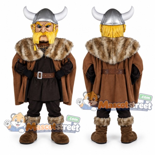 Viking Mascot Costume with Brown Tunic and Horned Helmet