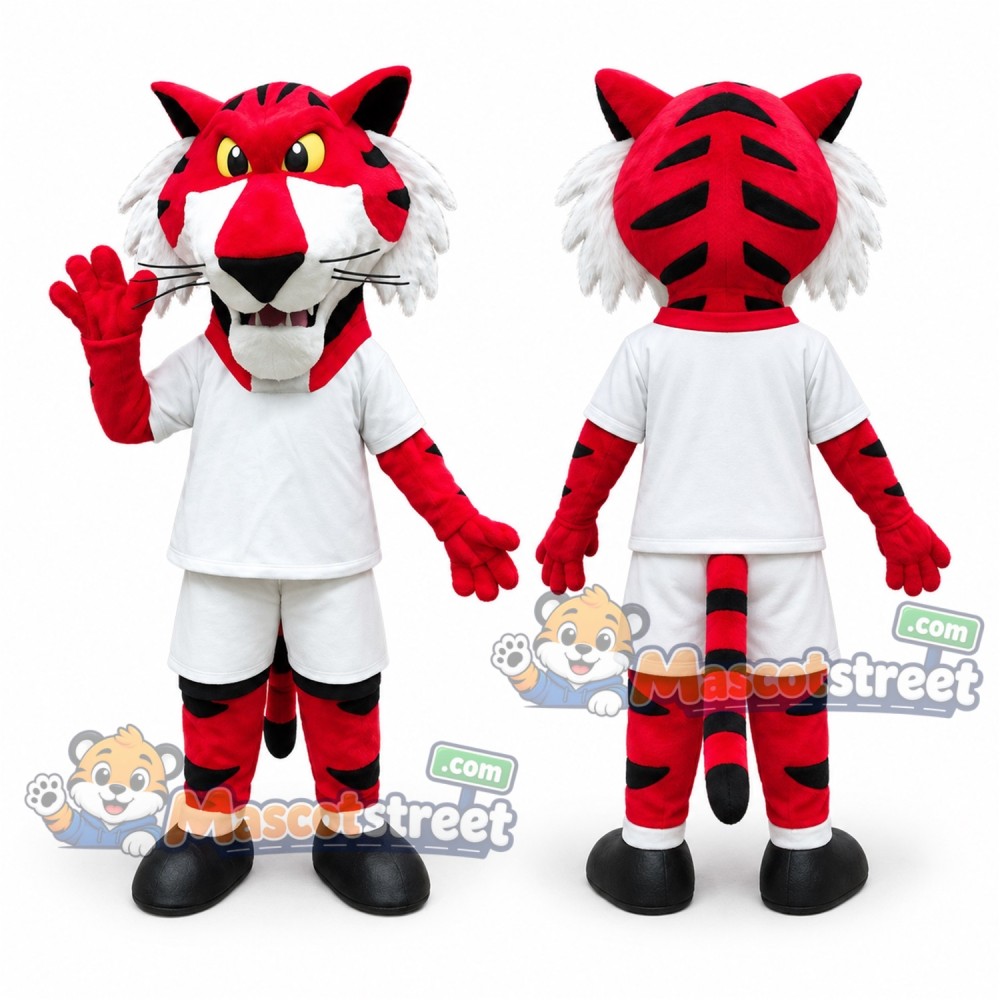 Red Tiger Mascot Costume with White Football Uniform Red Tiger Mascot Costume with White Football Uniform