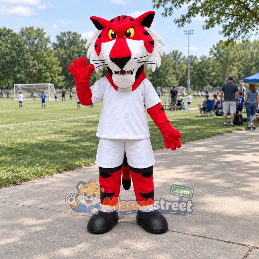 Red Tiger Mascot Costume with White Football Uniform Red Tiger Mascot Costume with White Football Uniform